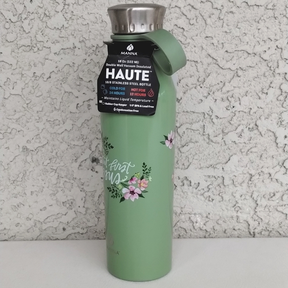 Manna Haute Green Stainless Steel Water Bottle Floral "But First Jesus" 18 Oz - Picture 2 of 13